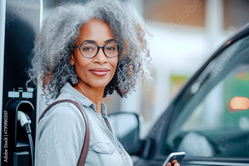 A woman with curly hair and glasses is standing next to a car