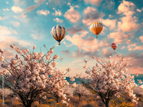 almond trees blooming, soft pink colors, air balloons over the horizon