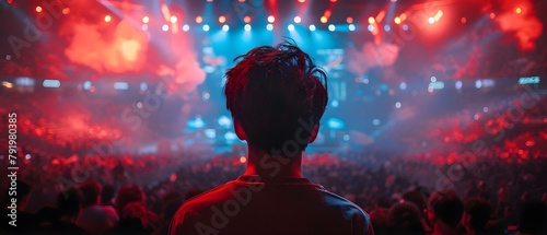 Intense gaming competition in electric arena with cheering fans under spotlight. Concept eSports Tournament, Gaming Arena, Competitive Gameplay, Fans Cheering, Spotlight Performance