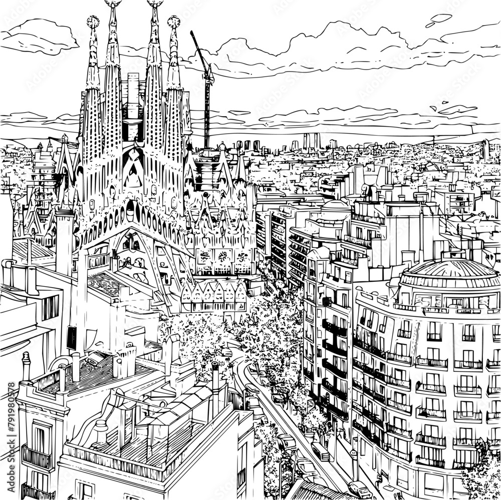 Barcelona Landscape Coloring Image for Kids, Detailed Background