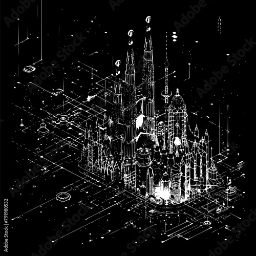 Isometric Wireframe of Barcelona City, Minimalistic Hologram