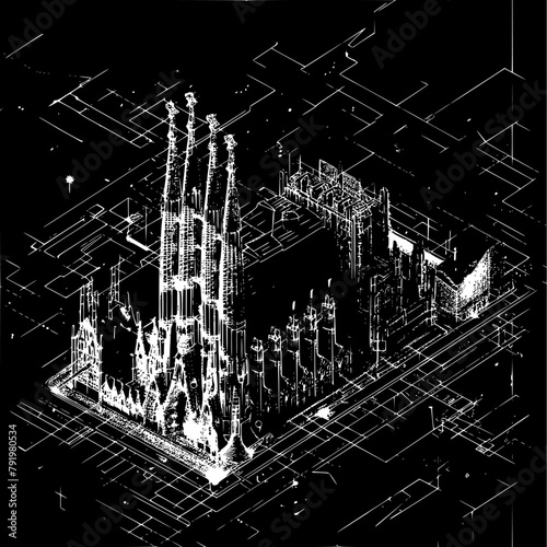 Isometric Wireframe of Barcelona City, Minimalistic Hologram