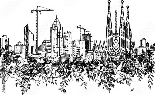 Urban Barcelona City Skylines Line Art with Greenery, Detailed Sketch
