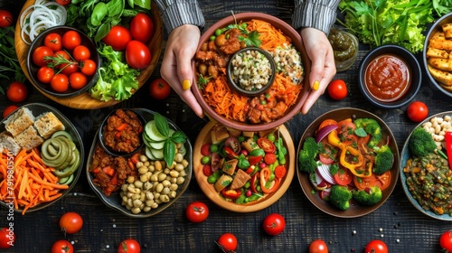  A person holds a bowl of food in front of a table laden with various vegetables and meats