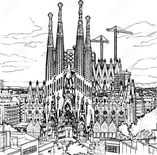 Outline Realistic Image of Sightseeing in Barcelona, Coloring Book Illustration