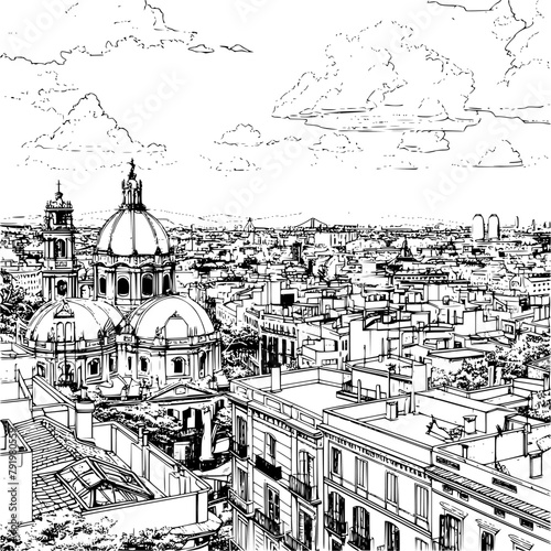 Outline Realistic Image of Sightseeing in Barcelona, Coloring Book Illustration