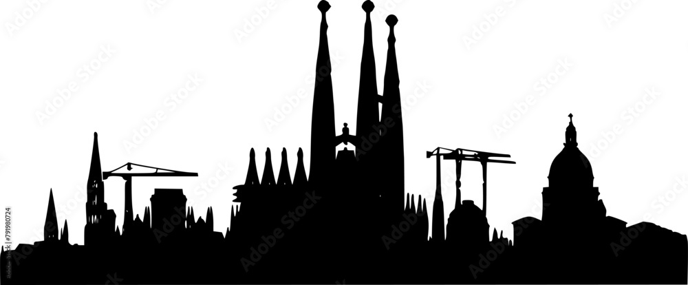 Simple Black Silhouette Skyline of Barcelona City, Timeless Elegance Simple Black Silhouette Skyline of Barcelona City, Timeless Elegance