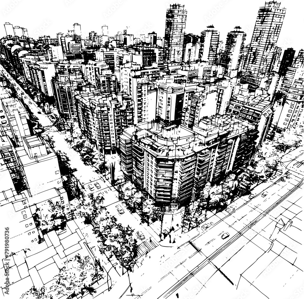Blueprint of Barcelona City Neighborhood, Tall Buildings Sketch Blueprint of Barcelona City Neighborhood, Tall Buildings Sketch