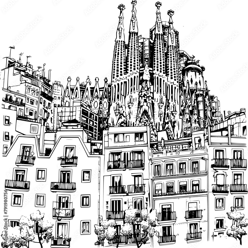 Black and White Line Drawing of Barcelona City, Timeless Charm