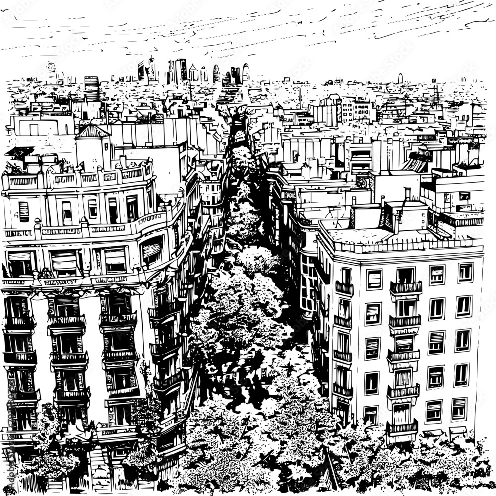 2D Drawing of Barcelona Skyline on White Background, Classic Illustration