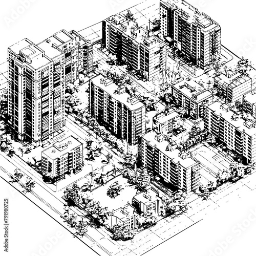 Blueprint of Barcelona City Neighborhood, Tall Buildings Sketch