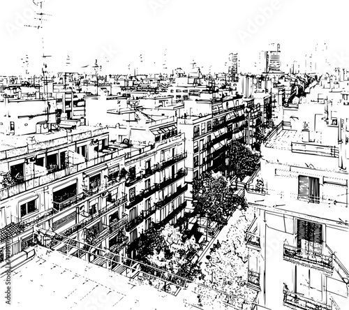 Blueprint of Barcelona City Neighborhood, Tall Buildings Sketch