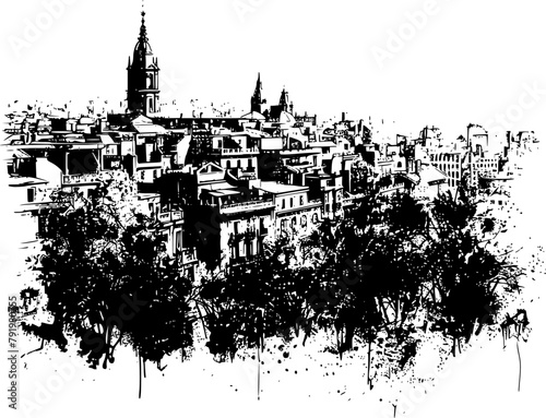 2D Drawing of Barcelona Skyline on White Background, Classic Illustration