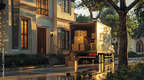A large truck is parked in front of a house with boxes on the back. The scene is peaceful and calm, with the truck being the only moving object in the image