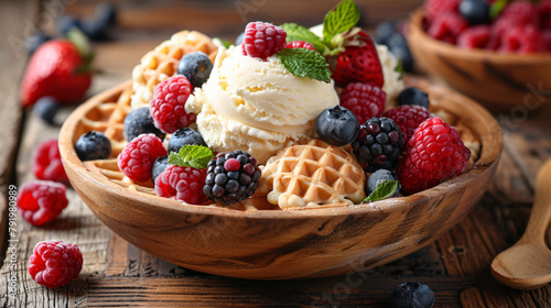 Waffle ice cream with berries on wooden background