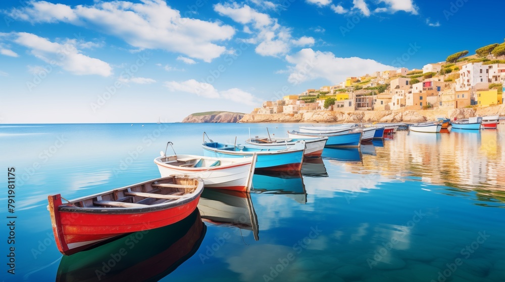 serene seaside town features colorful boats floating peacefully on calm waters, creating a picturesque scene that embodies coastal charm and tranquility.
