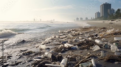 pollution-marred beachfront highlights the ecological degradation, showcasing the detrimental impact of human activities on the natural environment and coastal ecosystems. 