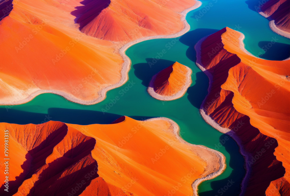 Birds eye view of a colorful desert at sunset, showing vivid orange and red sand hues. AI generated.