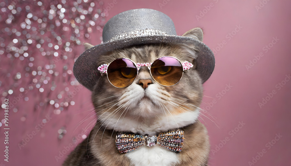 Cat with glitter sunglasses and hat on pink background. Stylish glamorous fashion pet wallpaper. Cat with glitter sunglasses and hat on pink background. Stylish glamorous fashion pet wallpaper.