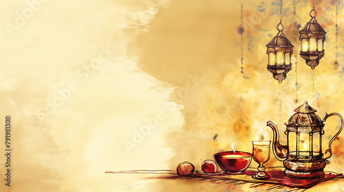Oriental Banner Illustration: Lanterns and Tea Pots. Eastern aesthetics for Ramadan.