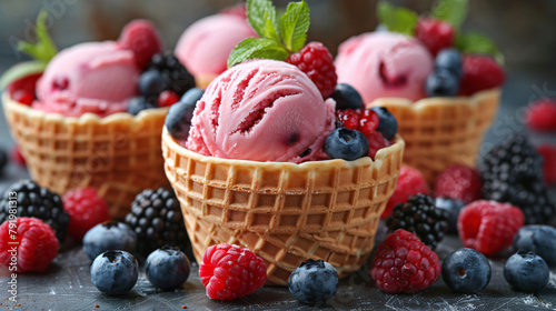 Waffle ice cream with berries on wooden background