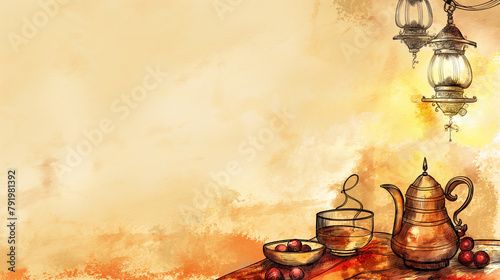Oriental Banner Illustration: Lanterns and Tea Pots