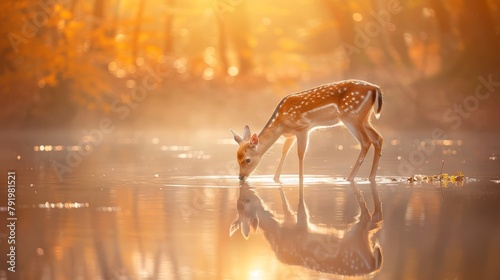  A deer drinks from a forest pond, sun illuminating tree canopy