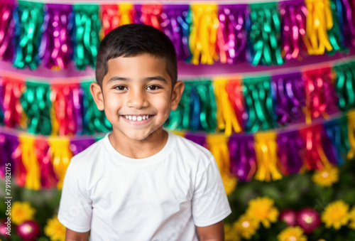 Upper body shot of a happy Mexican kid smiling, with a blurred Cinco de Mayo party background. AI generated.