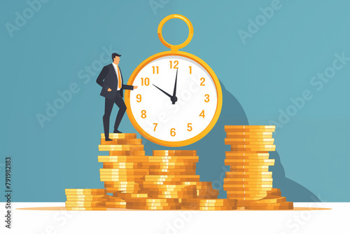 Business graphic vector modern style illustration of a business person next to a clock representing a deadline race time is money running out before issue project or contract is resolved finished