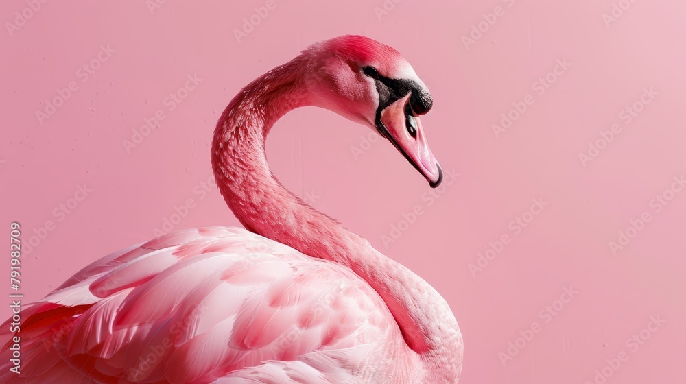 Fototapeta premium A pink flamingo stands before a pink backdrop, sporting a black spot on its head