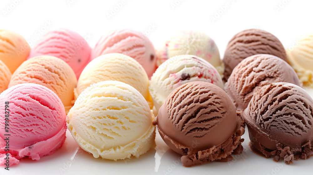 Fototapeta premium Scoops of different flavors of ice cream on a white background