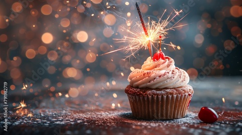 Celebratory cupcake with sparkler and cherries in festive ambiance