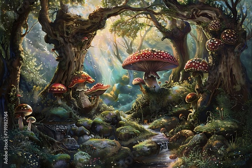 : A whimsical forest with larger-than-life mushrooms, dappled sunlight streaming through the trees, and a sparkling stream flowing through the center.
