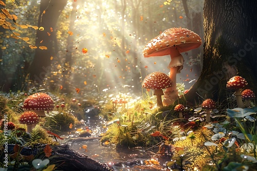 : A whimsical forest with larger-than-life mushrooms, dappled sunlight streaming through the trees, and a sparkling stream flowing through the center.