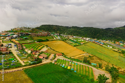 Aerial landscape with clouds in the morning at Phu Thap Boek mountain , Phetchabun province, Thailand. Select focus.