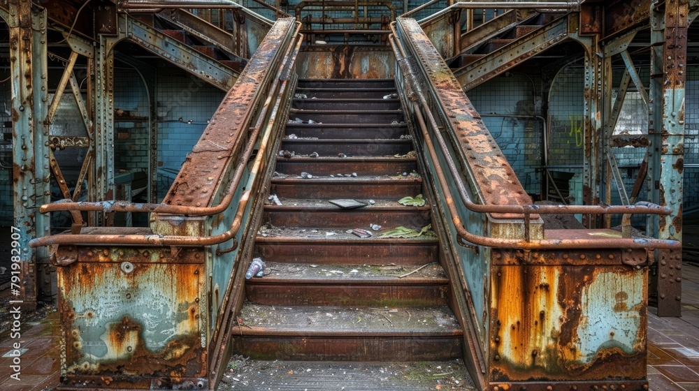   Rustic metal staircase ascends to abandoned building's peak