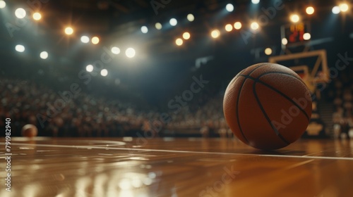 Close-up Basketball on Gleaming Court with Arena Lights 