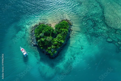 Aerial view of heart shaped island with yacht as concept for romantic vacation generated by AI © kashif