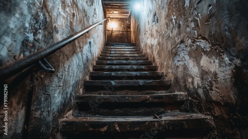   A lengthy staircase ascends towards a beacon of light at the end of a tunnel within a stone-walled edifice