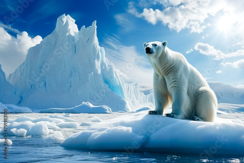 Polar bear above an iceberg in the arctic ocean. Floating icebergs due to climate change and melting glaciers. 3D illustration and digital painting.