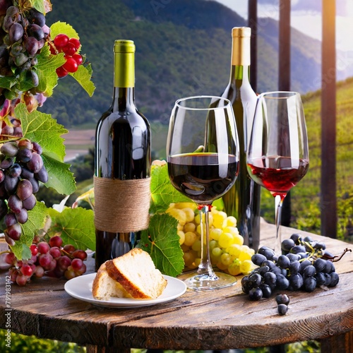 vinicula com garrafas e taçca de vinho, uvas, adega, taça de vinho, garrafas de vinho, campo, produção de vinhos photo