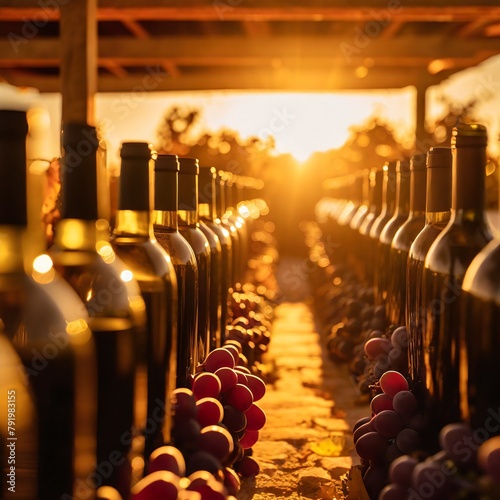 adega com varias garrafas de vinho em estoque ao anoitecer, vinho, vinicula, ceia, uva, produção de vinhos photo