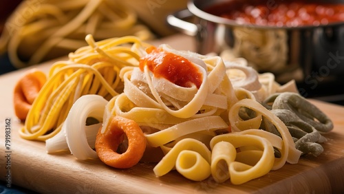 Pasta with cheese and tomato sauce concept noodles food (ID: 791983162)