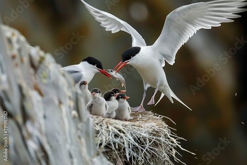 Arctic Tern Feeding Babies. An Arctic Tern bringing a small fish to a nest of baby birds generated by AI