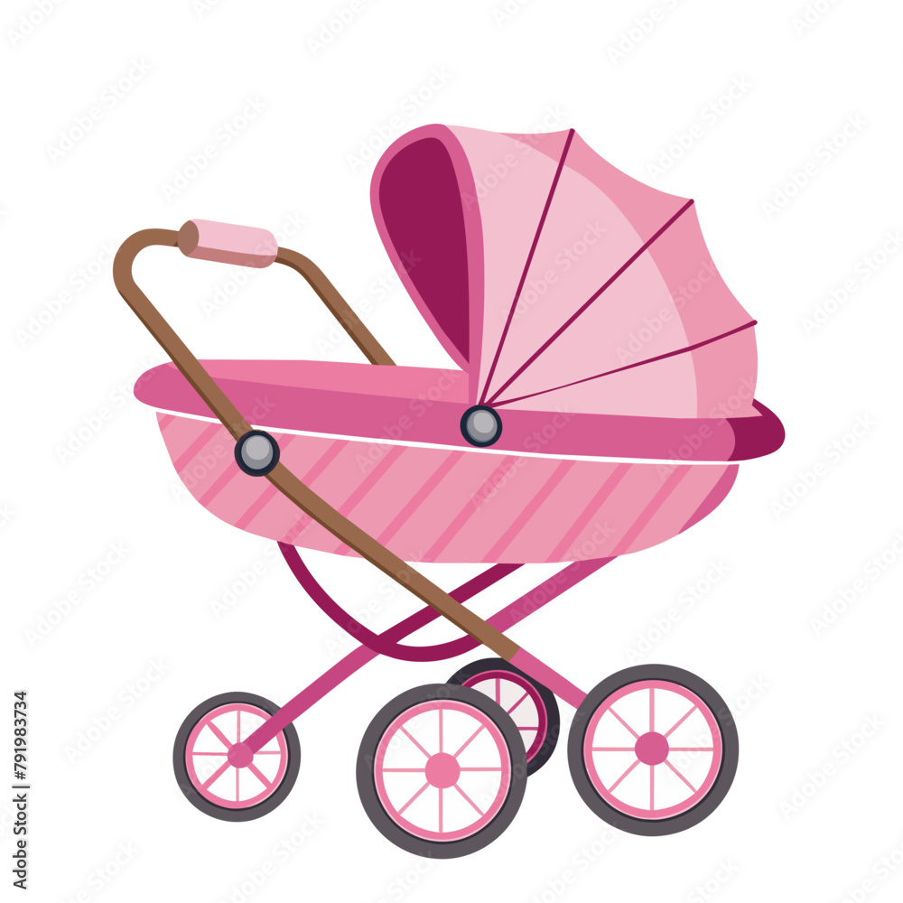 pink baby carriage, baby pram, stroller on white background pink baby carriage, baby pram, stroller on white background
