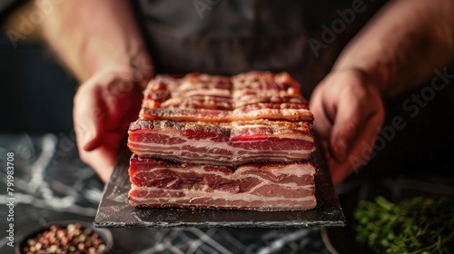 Person holding tray of bacon, a key ingredient for many dishes photo