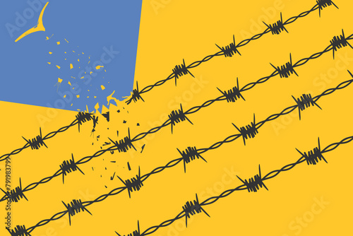 concept freedom, flight, breaking barriers, liberation, victory. barbed wire breaks and turns into a bird	
