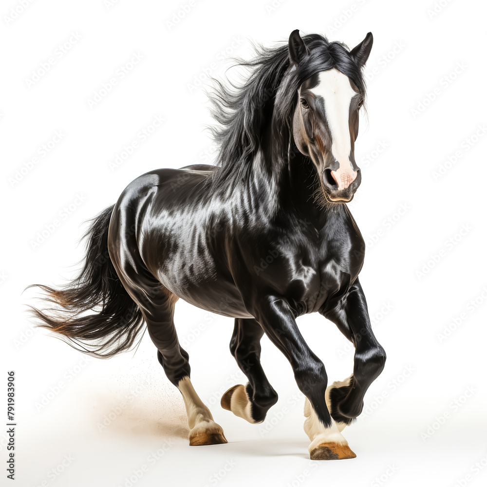 Black horse running, isolated on a white background