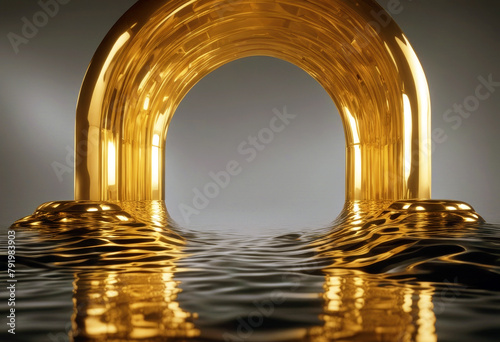 'cobbles reflection product water background golden floor minimal 3d showcase render black abstract arch wet Trendy modern poduim three-dimensional cobbled rock'