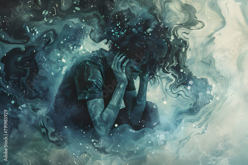 An illustration depicting the effects of post-traumatic stress disorder, highlighting the psychological struggle and the need for support and therapy. © ELmidoi-AI
